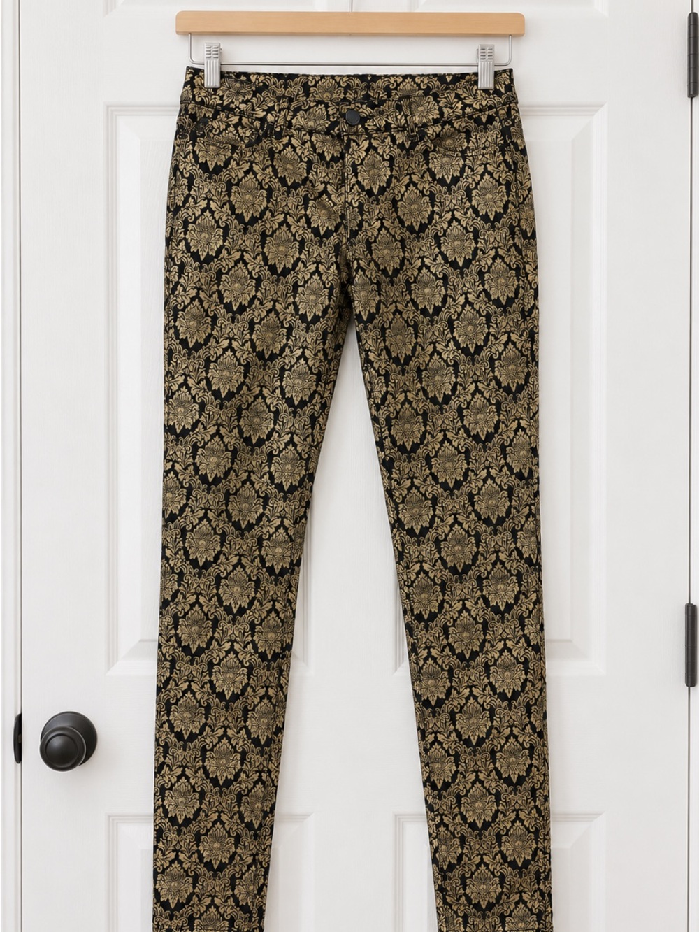 Bisou Bisou Black and Gold Jacquard Skinny Baroque Jeans Size 6